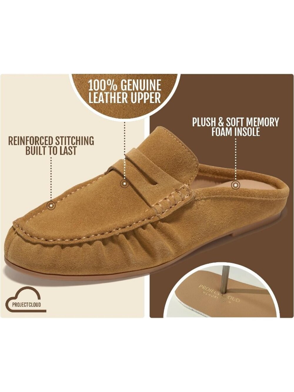 Women's Tan Suede Memory Foam Insole Flats-Lightweight Loafers & Slip-ons Shoes - Picture 4 of 6
